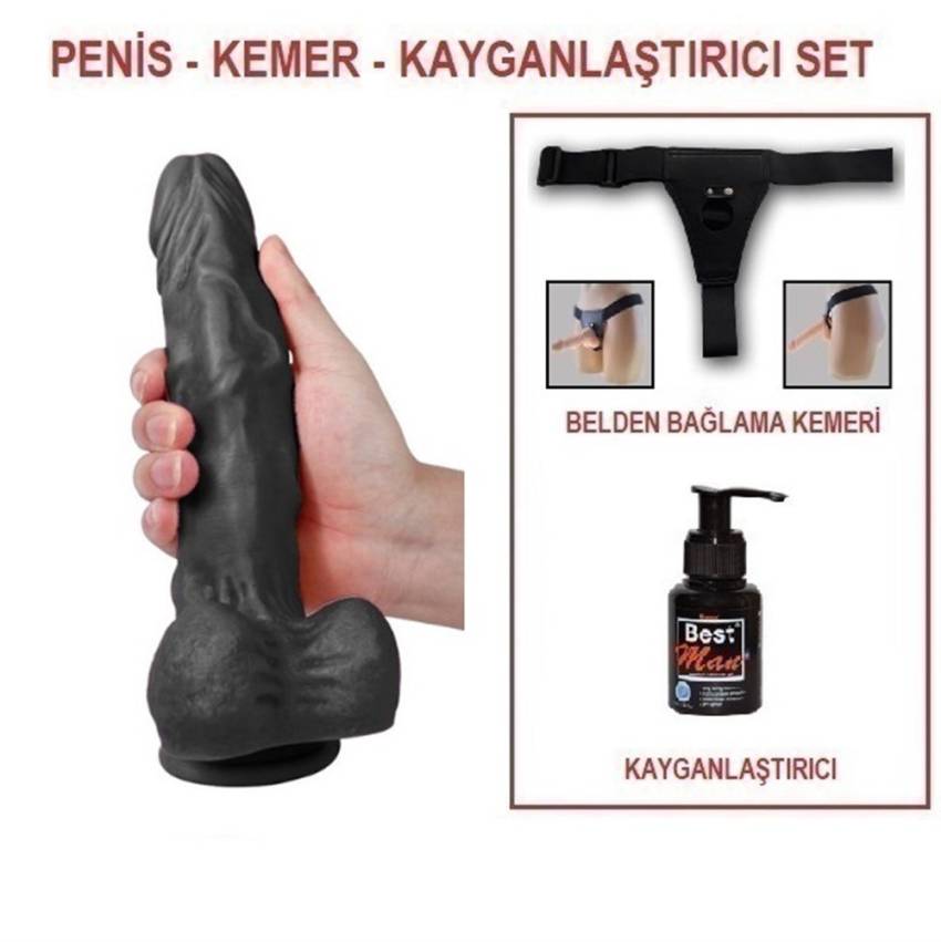 23,5 cm Belden Bağlamalı Realistik Dildo Zenci Penis Set