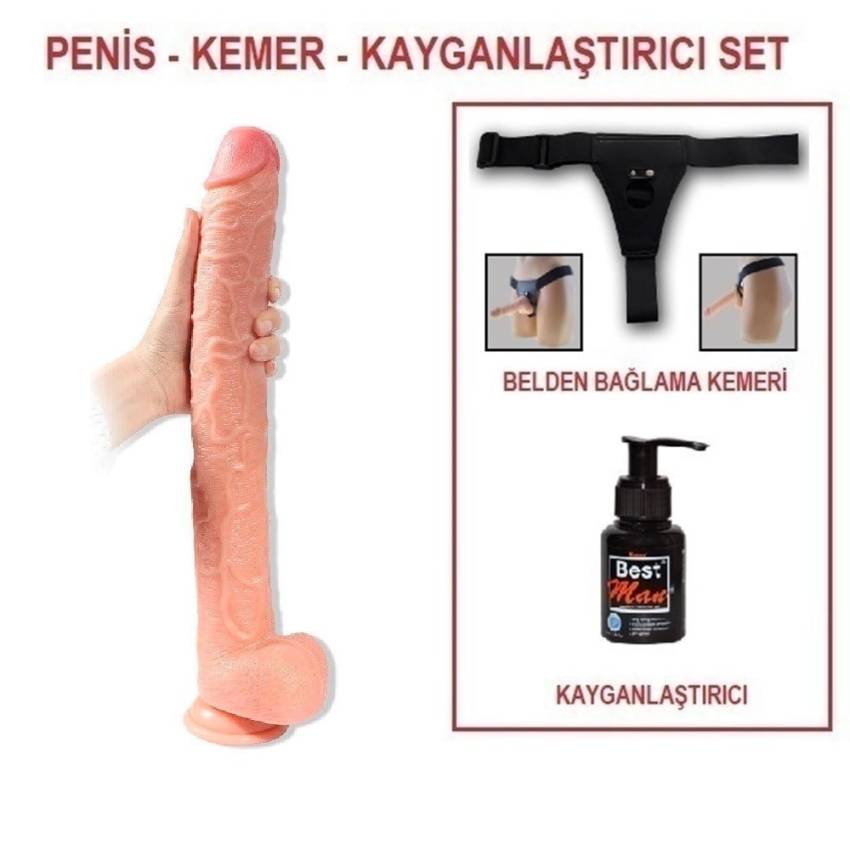 43 cm Belden Bağlamalı Realistik Penis Gerçekçi Damarlı Dev Dildo Set